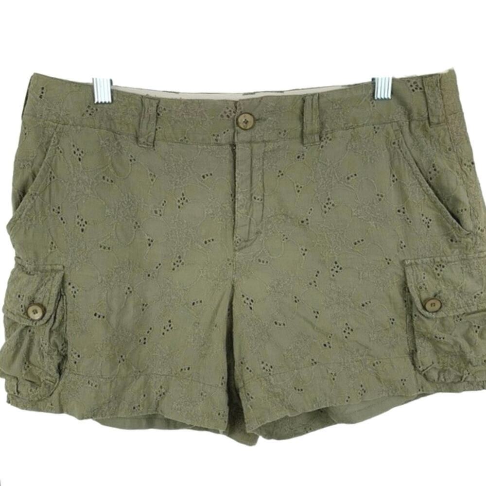 Tapemeasure Eyelet Cargo Shorts Olive Green Boho Utility Women 10 - Picture 1 of 6